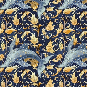 art nouveau dolphin swims in gold floral ocean