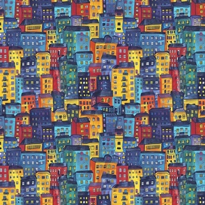 Urban Spectrum | Colorful Stylized Cityscape Fabric Pattern