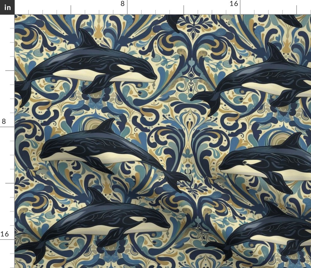 art nouveau orca school in blue