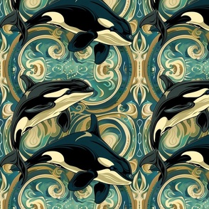 art nouveau school of killer whales in gold and aqua blue
