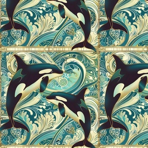 art nouveau orca in aqua blue ocean waves