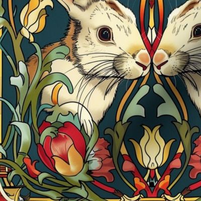 art nouveau white rabbit pair in red green botanical