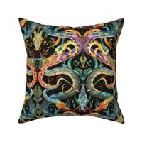 art nouveau snakes in green gold and teal blue
