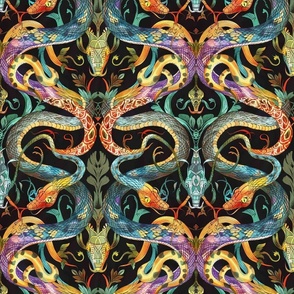 art nouveau snakes in green gold and teal blue