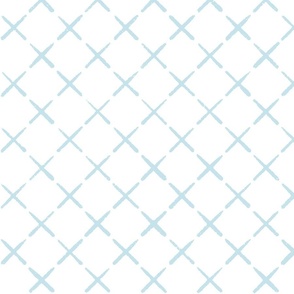 Faux cross stitch quilted diagonal crosses in pale blue on white - hand drawn large