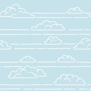 Fluffy white hand drawn clouds in a pastel blue sky. Simple line drawing cloud shapes with horizontal lines. 