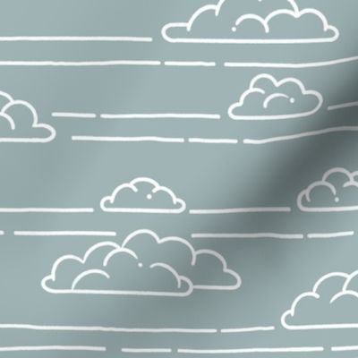 Fluffy white hand drawn clouds in a teal green grey sky. Simple line drawing cloud shapes with horizontal lines