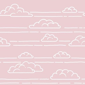 Fluffy white hand drawn clouds in a pastel pink sky. Simple line drawing cloud shapes with horizontal lines.