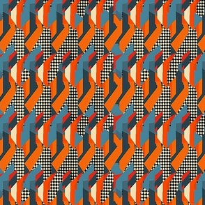 Retro Geometric Cascade - Orange, Teal & Checkerboard Pattern