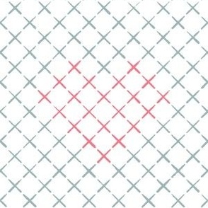 Faux cross stitch quilted diagonal cross hearts in dark pink and teal on white - hand drawn large