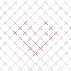 Faux cross stitch quilted diagonal cross hearts in pale pink and dark pink on white - hand drawn large