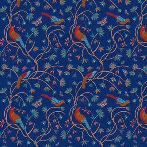 birds on vines ii,  red, teal, copper and navy blue,  8" 
