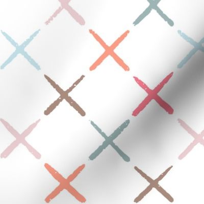 Faux cross stitch quilted diagonal crosses in multi colour on white - hand drawn large