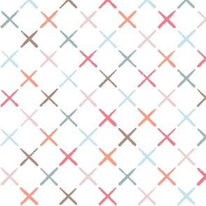 Faux cross stitch quilted diagonal crosses in multi colour on white - hand drawn large