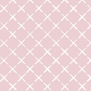 Faux cross stitch quilted diagonal crosses in white on pale pink - hand drawn large