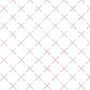 Faux cross stitch quilted diagonal crosses in pale pink on white - hand drawn large