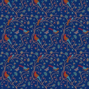 birds on vines ii, in red, teal, copper and navy blue, 6" 