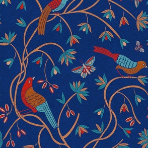birds on vines II,  red, teal and navy blue linen, 24" 