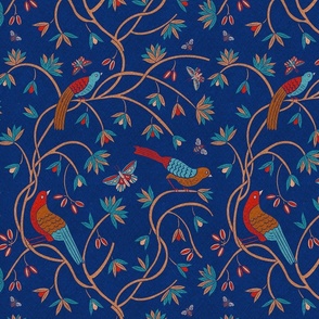 birds on vines ii, red, teal, copper and navy blue, 12" 