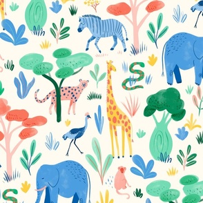 Safari Animals - Elephant, giraffe, zebra, Cheetah - Multicolours on Cream - Small Print