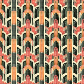 Deco Dreamscapes - Architectural Elegance in Coral and Jade