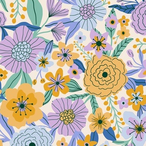 Vintage flower garden in lilac, yellow and cream - Large scale