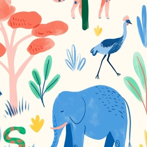 Safari Animals - Elephant, giraffe, zebra, Cheetah - Multicolours on Cream - Large Print