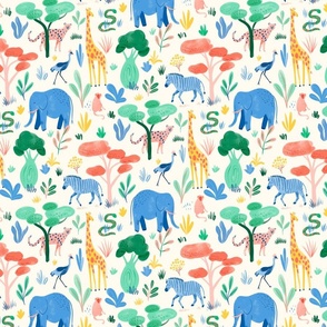 Safari Animals - Elephant, giraffe, zebra, Cheetah - Multicolours on Cream - Mini Print
