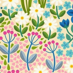Summer Flower Garden - brights on cream - large scale by Cecca Designs