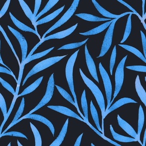 [L] Handpainted watercolor trailing leaves in light blue on dark blue black, jumbo scale