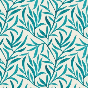 [M] Handpainted watercolor trailing leaves in teal on rice