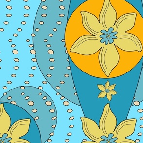 large and small yellow flowers / orange / blue / petrol / bubbles / waves (big)