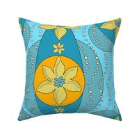 large and small yellow flowers / orange / blue / petrol / bubbles / waves (medium)