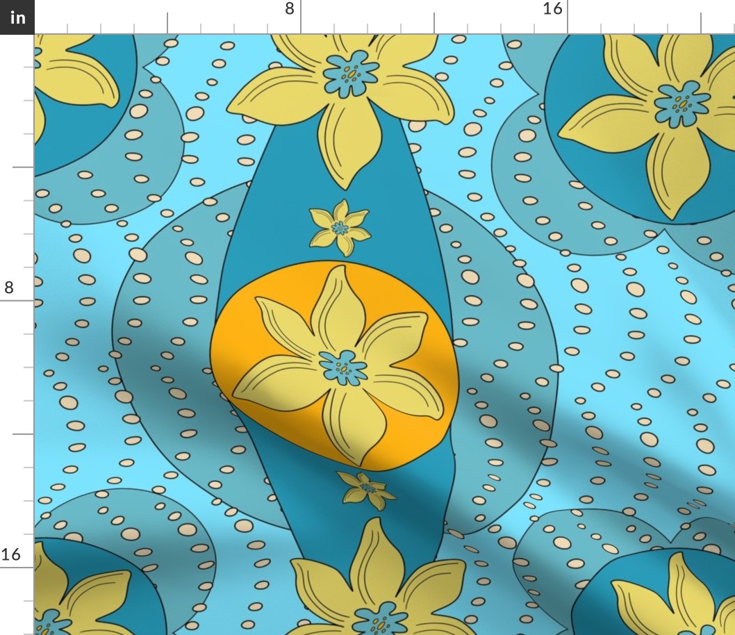 large and small yellow flowers / orange / blue / petrol / bubbles / waves (medium)