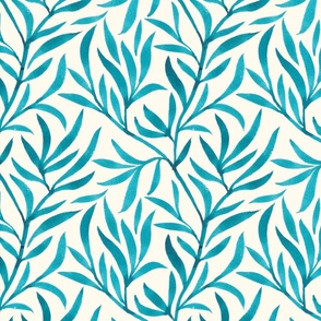 [M] Handpainted watercolor trailing leaves in bright teal on light cream