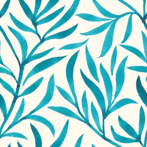 [L] Handpainted watercolor trailing leaves in bright teal on light cream, jumbo scale