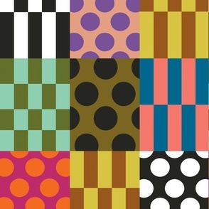 Colorful Color Block Clash Of Patterns: Polka Dots and Irregular Checkerboards