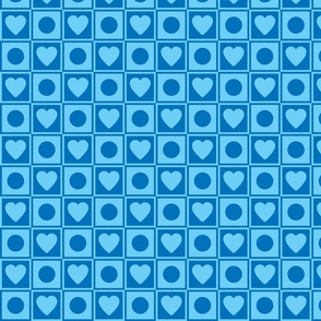 Monochromatic Blue Checkered Hearts & Dots Pattern, Playful y2k Kidcore Pattern