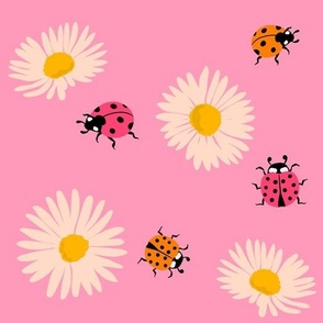 Daisies and Ladybugs on pink background, modern design, fuchsia and orange ladybugs