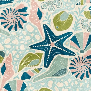 Just Beachy- Seashells Starfish on Sand with Sea Foam- Beach Combers Delight- Blue Green- Large Scale