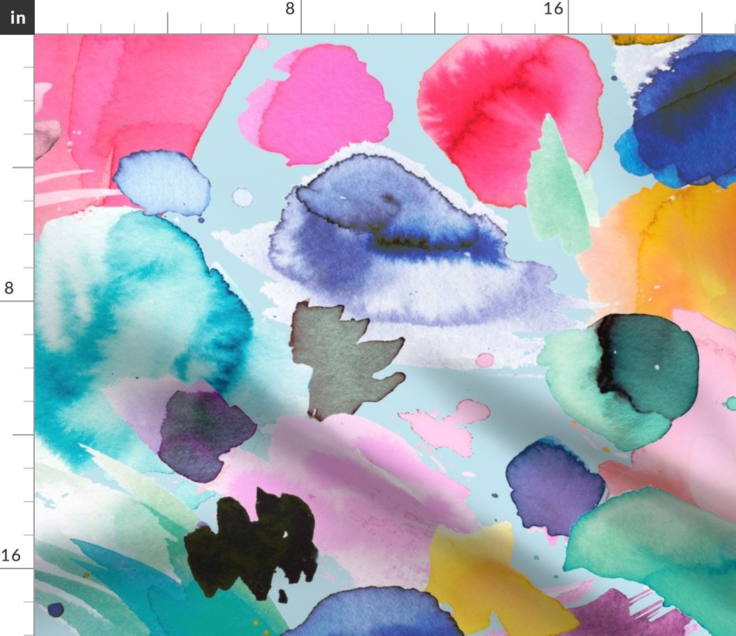 Painterly abstract - Artistic scribbles watercolor - Colorful blue - Jumbo Large - Bold Painterly Fabric