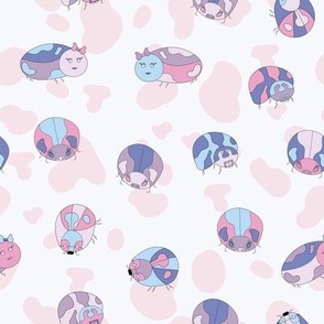 Vector hand drawn lil’ ladybugs with their own big personalities on spotty pink and white background