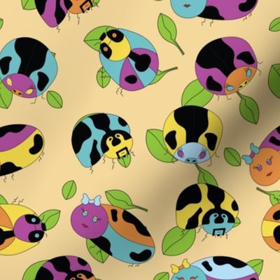 Vector hand drawn colourful lil’ ladybugs with their own big personalities on light yellow background