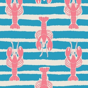 (L) Lobster Stripe - pink lobsters on blue and white stripes