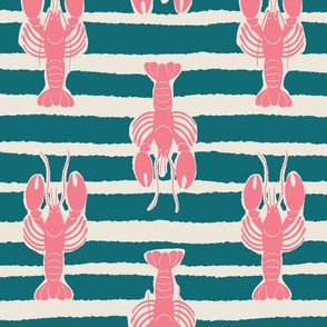 (L) Lobster Stripe - pink lobsters on teal and white stripes