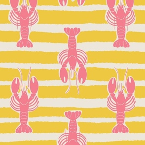 (L) Lobster Stripe - pink lobsters on yellow and white stripes