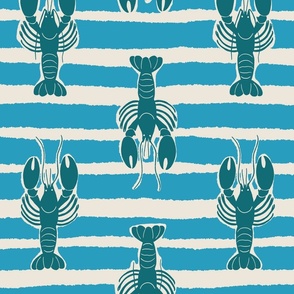 (L) Lobster Stripe - teal lobsters on blue and white stripes