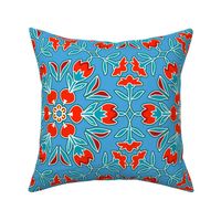 Folk Art Tulips and Radishes Hexagon Turquoise Blue and Red on Blue