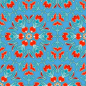 Folk Art Tulips and Radishes Hexagon Turquoise Blue and Red on Blue