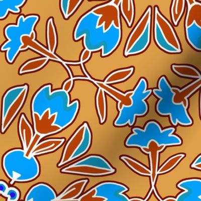 Folk Art Tulips and Radishes Hexagon Blue and Brown on Tan